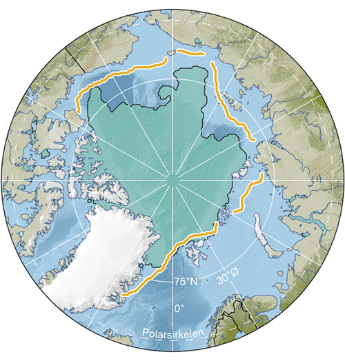 Figur 3.6 Gjennomsnittlig havisutbredelse i september 2010 (grønn flate), samt gjennomsnittlig havisutbredelse for september måned 1979–2000 (orange grense)