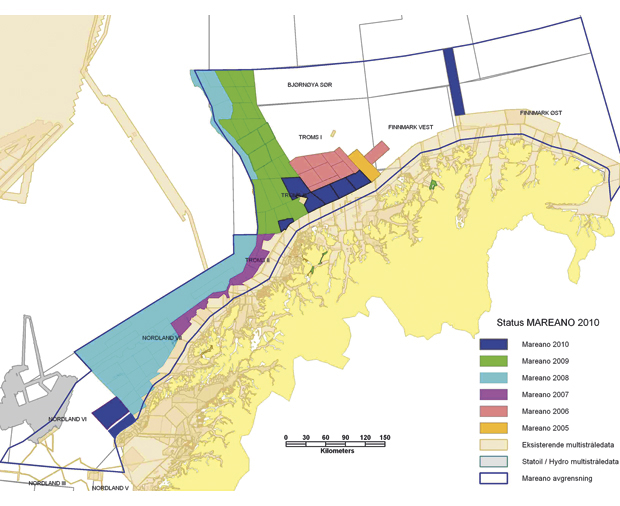 Figur 3.8 Oversikt over arealer som er dybdekartlagt i MAREANO-programmet
