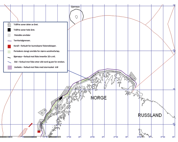 Figur 4.1 Trålfrie soner og fleksible områder i Barentshavet