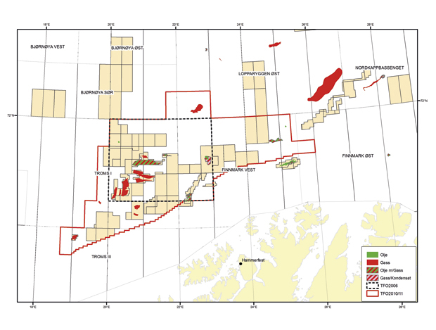 Figur 4.12 TFO området i Barentshavet. Svart boks viser grensen for TFO i 2006. Rød linje viser utstrekningen av området i 2010/11