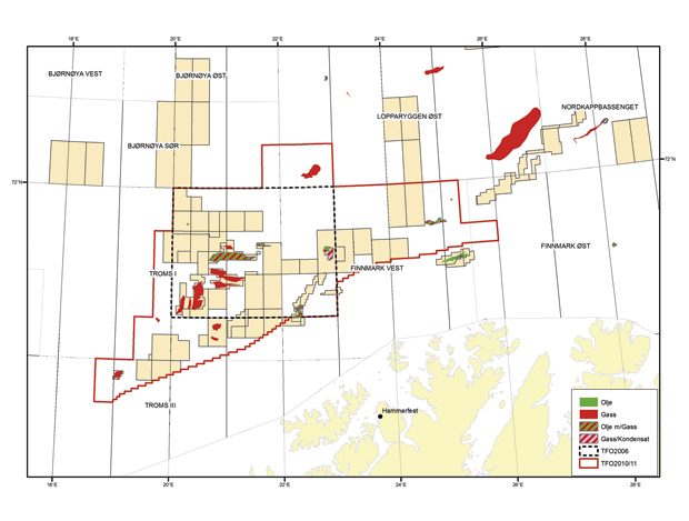 Figur 4.12  TFO området i Barentshavet. Svart boks viser grensen for TFO i 2006. Rød linje viser utstrekningen av området i 2010/11