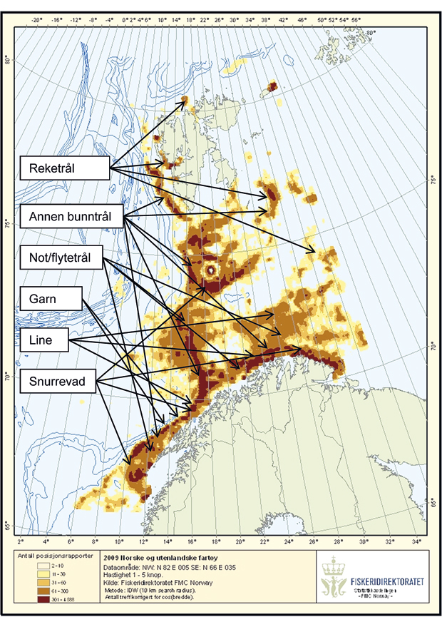Figur 4.2 Aktiviteten av fiskefartøyer over 21 meter i 2009. Mørk farge viser høy aktivitet