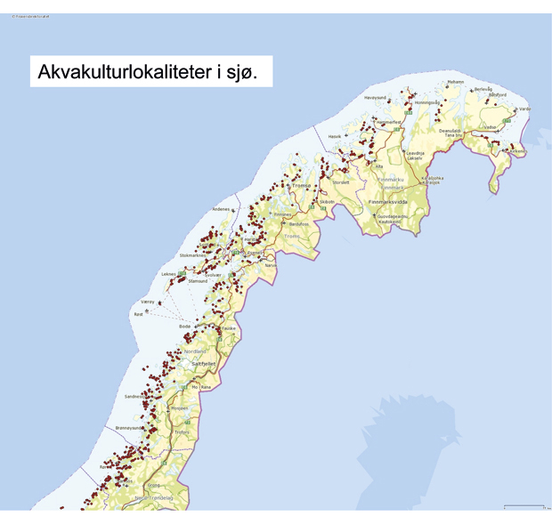 Figur 4.4 Akvakulturlokaliteter i Nord-Norge