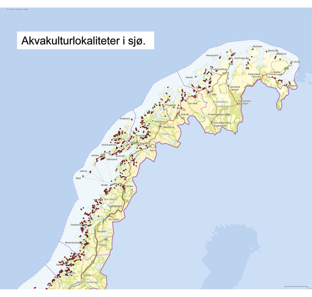 Figur 4.4 Akvakulturlokaliteter i Nord-Norge
