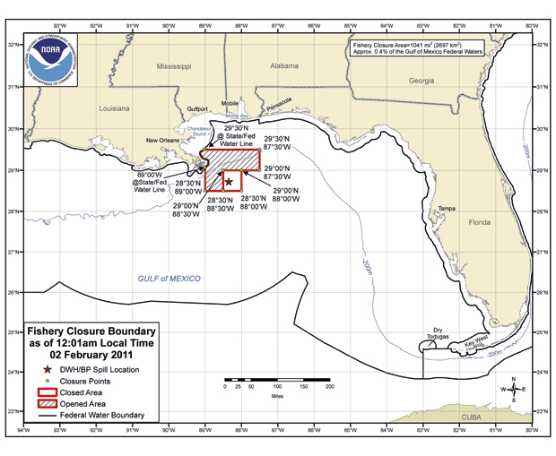 Figur 5.3 Arealer stengt for fiske i Mexicogulfen per 2. februar 2011