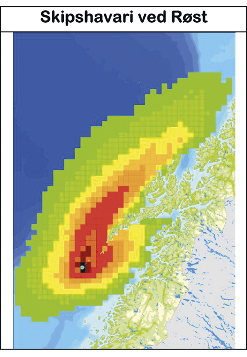 Figur 5.6 Resultatet fra spredningsmodellering av olje gitt et skipshavari ved Røst i Nordland VI med utslipp av 15 000 tonn per døgn i 4 døgn. Resultatet viser sannsynligheten for treff av olje