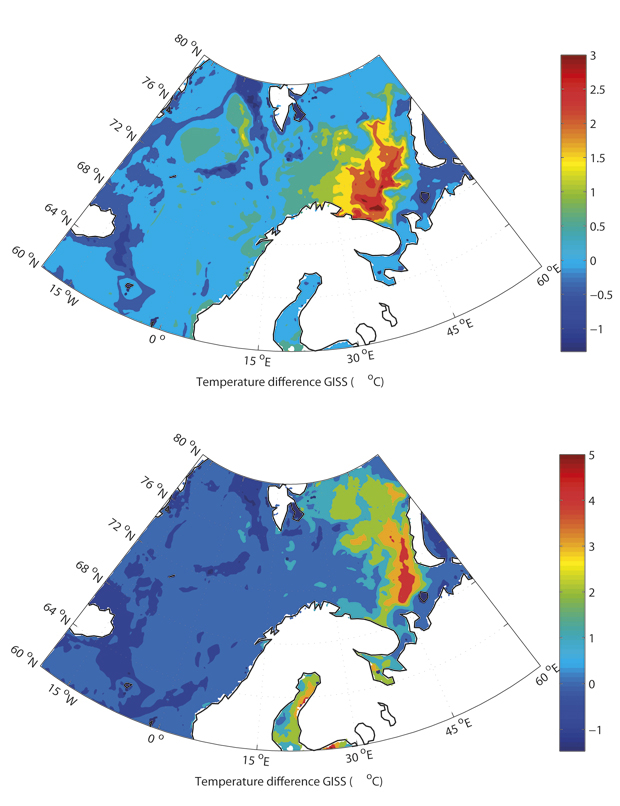 Figur 6.5 Simuleringer som viser ventede endringer i havtemperaturen i mars (øverst) og september i fremtiden (perioden 2046–2065) relativt til kontrollperioden 1981–2000
