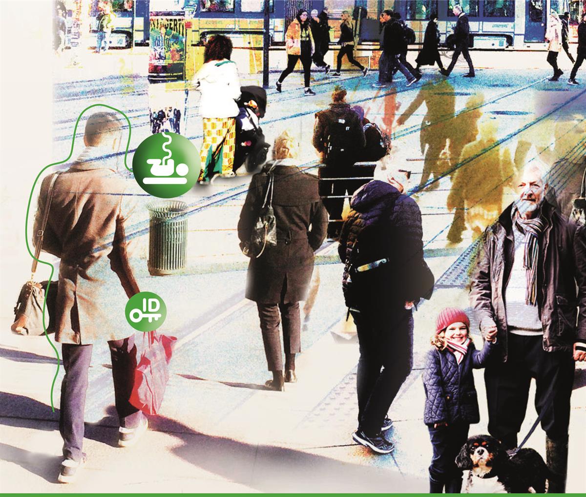 Urban morning mood, on the way to something… everyday life and the moment 
depicted through a collage. Showing a cross section of the population, with focus on seven different people's life situations and their need for coordinated assistance for a set of public agencies.
Symbolism and network point out the new strategic thinking