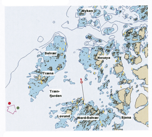 Figur 4.1 Kart over området. Antatt ferdslinje fra Lovund frem
 til forlisstedet er inntegnet, med områdene Træna,
 Selvær og Myken avmerket.