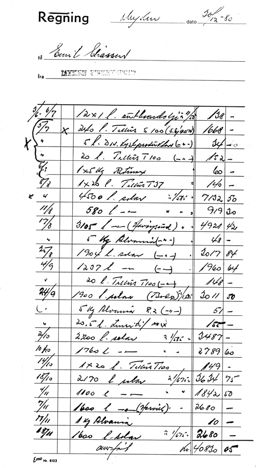 Figur 8.10 Kopi av regning for kjøp av blant annet 4500 l og
 580 l solar henholdsvis 8. og 11. august 1980.