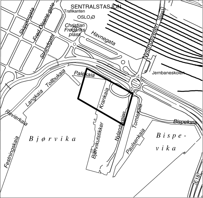 Figur 7.1 Kartdel over Bjørvika med mulig operatomt markert