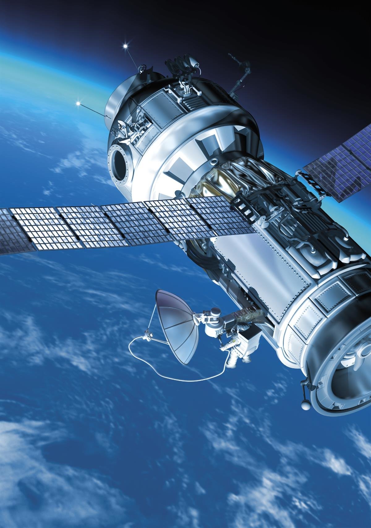Illustration of a sattellite with the earth in the background.