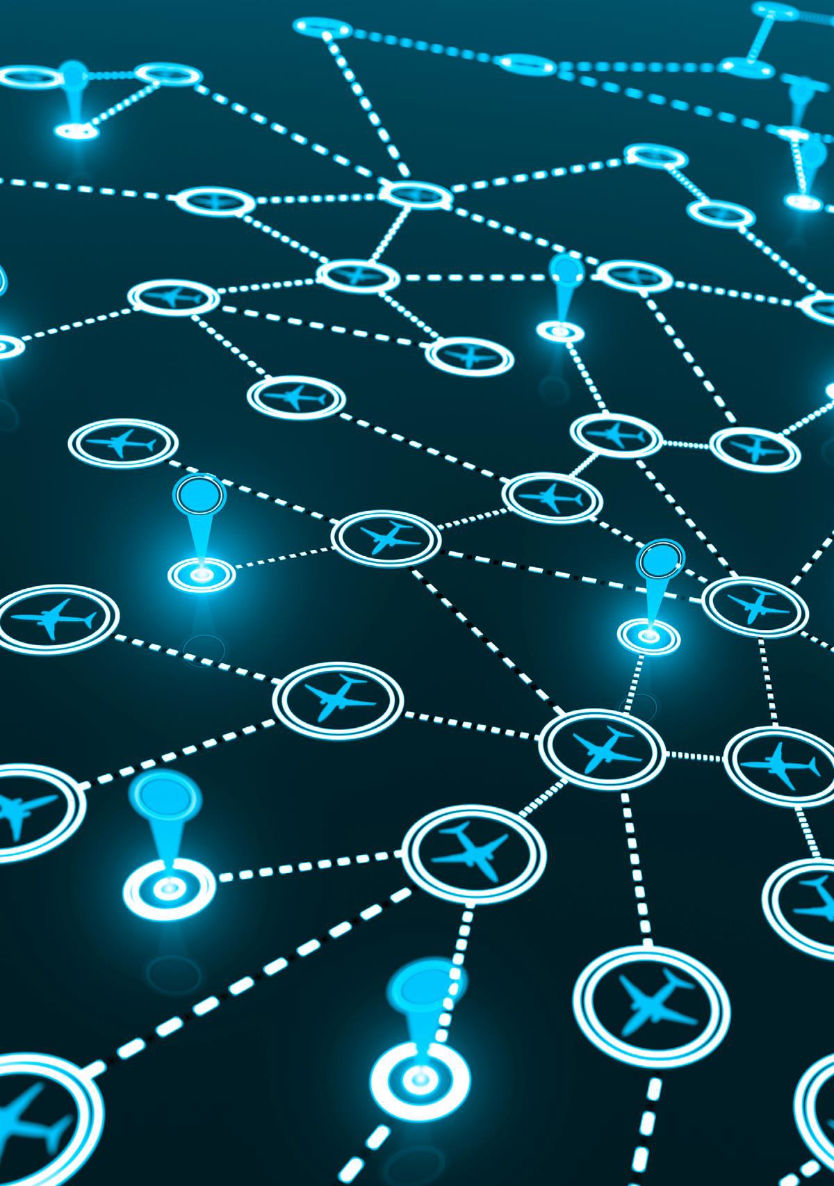Illustrasjon som viser en et nettverk av fly-ikoner og sirkler knyttet sammen med stiplede linjer.