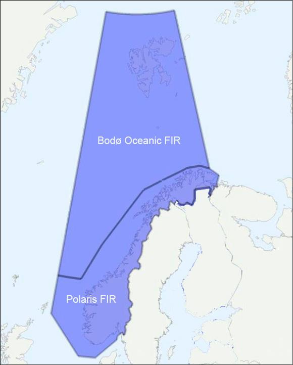 Kart som viser flygeinformasjonsregionene Bodø Oceanic FIR og Polaris FIR.