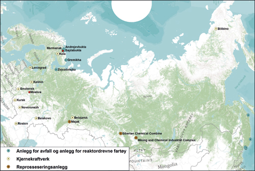 Figur 2.2 Relevante russiske atominstallasjoner.
