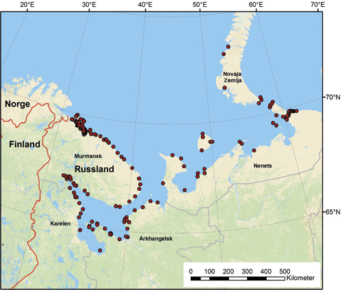 Figur 3.3 180 RTG-er er fjernet fra fyrlykter i Nordvest-Russland. Kartet
 viser plasseringen til fyrlyktene.