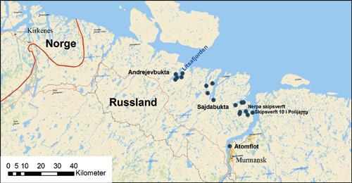 Figur 3.5 Baser for den russiske marinen og atomisbryterflåten
 i nærområdet til Norge