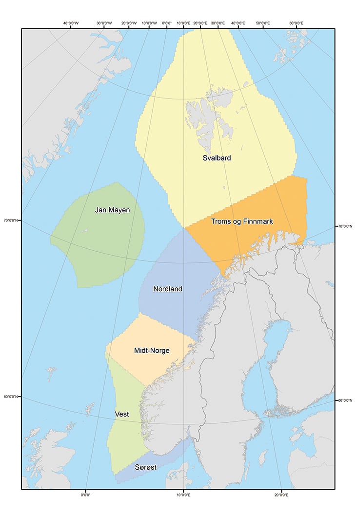 Figur 3.1 Analyseområdet oppdelt i regioner.
