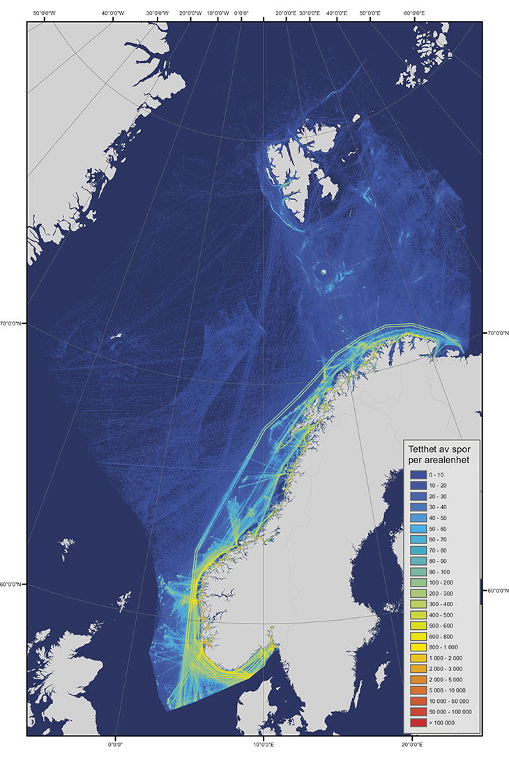 Figur 3.4 Tetthetsplott over skipstrafikken i norske farvann i 2013, basert på AIS-data.
