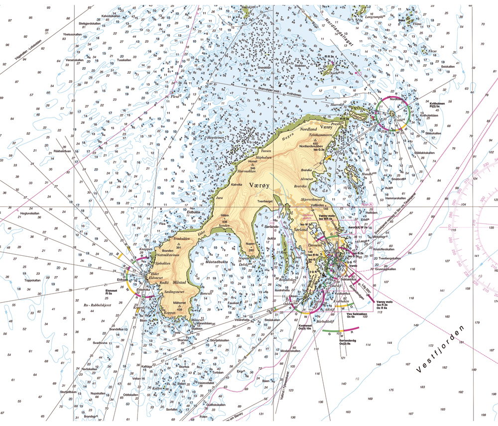Figur 4.2 Nytt sjøkart over området rundt Værøy, Vestfjorden.
