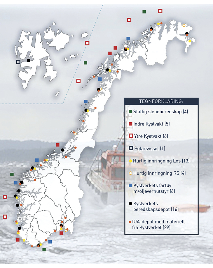 Figur 5.3 Oversikt over statlig slepeberedskap, statlige fartøy med oljevernutstyr om bord (fartøy i indre og ytre kystvakt, Sysselmannens MS «Polarsyssel» og Kystverkets fartøy) og landdepoter med statlig oljevernutstyr (Kystverkets depoter, IUA-depoter med s...