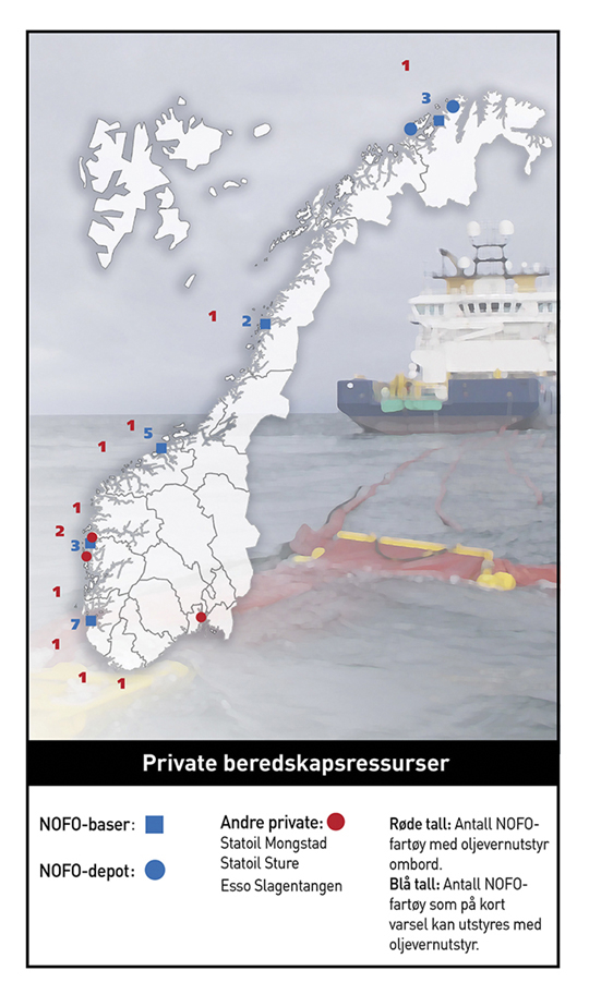 Figur 5.7 Oversikt over NOFOs fartøy, NOFO-baser med oljevernutstyr for bruk utenskjærs, NOFO-depoter med oljevernutstyr for bruk i kystnære områder og andre private oljeverndepoter.
