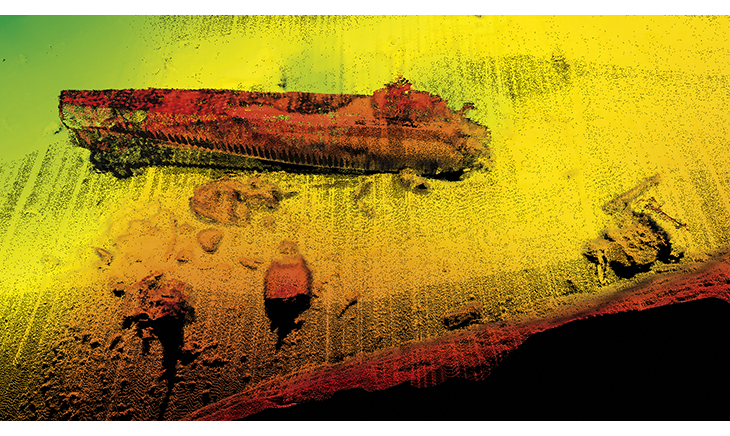 Figur 6.2 Sonarbilde av akterseksjoen av ubåtvraket U-864 som ligger på havbunnen ca. fire kilometer vest for Fedje i Hordaland.
