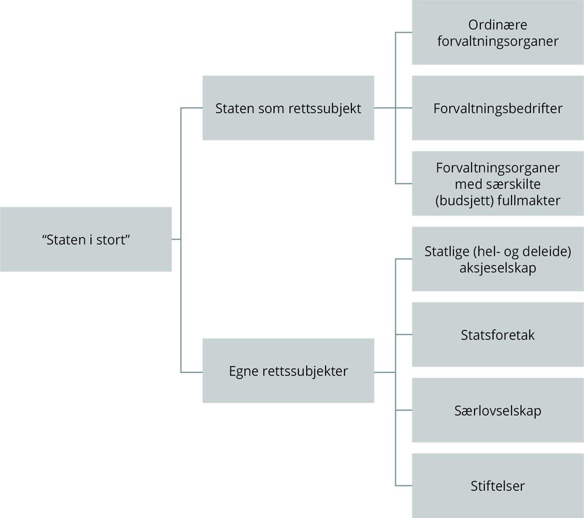 Figur 12.1 illustrerer begrepet «staten i stort» ved å skille mellom virksomheter som er en del av staten som rettssubjekt og virksomheter som er egne rettssubjekter.