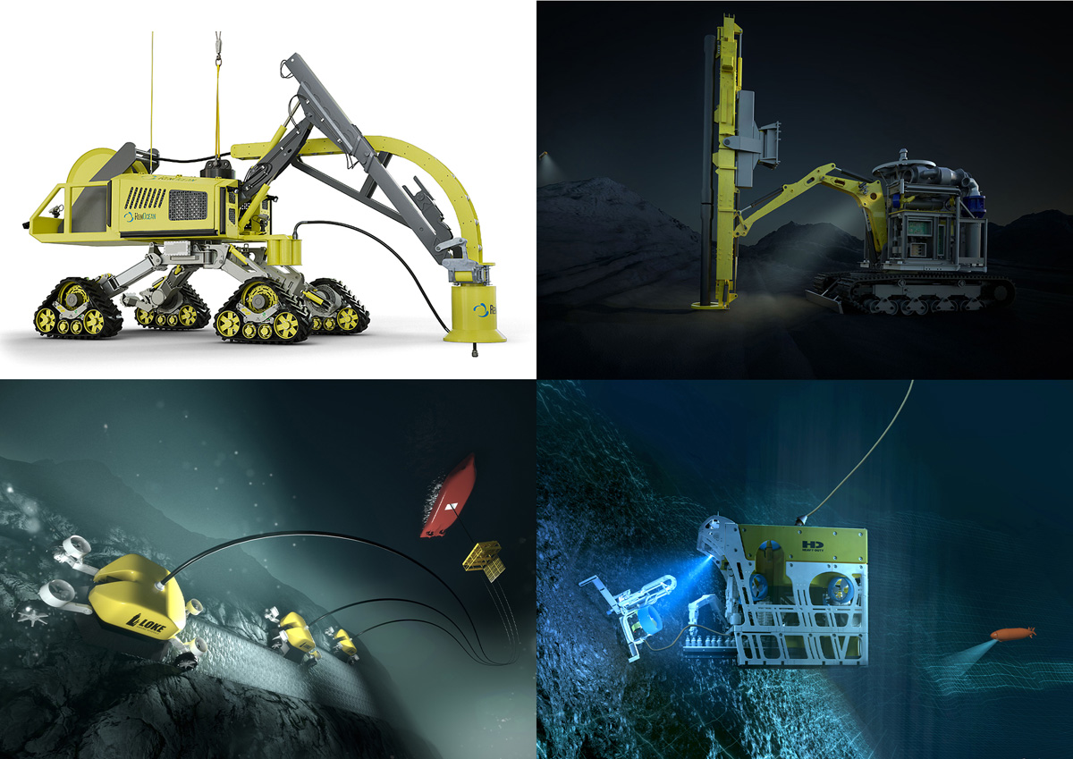 Figur 4.1 Ulike norske potensielle teknologier for prøvetaking og utvinning av havbunnsmineraler fra RenOcean (øverst til venstre), fra Adepth Minerals (i samarbeid med Seabed Solutions og Deep Ocean, øverst til høyre) og Loke Marine Minerals (for skorper nede...