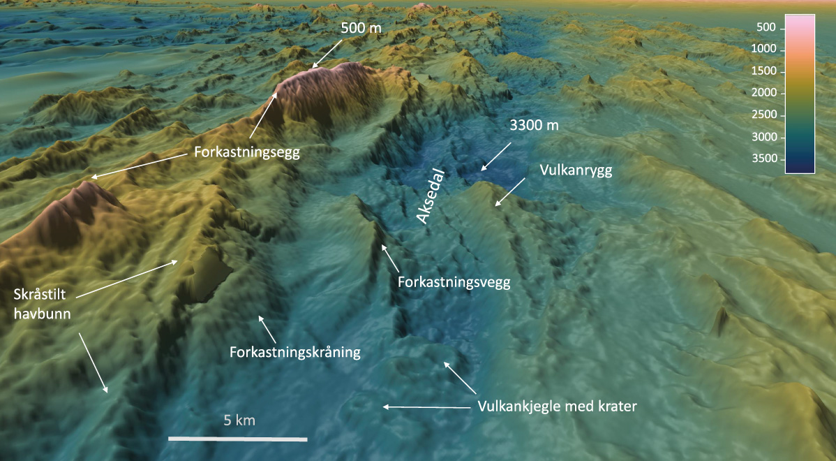 Figur 4.3 Perspektivkart over sentrale deler av Mohnsryggen der noen av de vulkanske og tektoniske landskapsformene er markert.