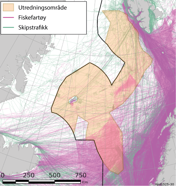 Figur 4.4 Skipstrafikk i Norskehavet og Barentshavet inkludert utredningsområdet i 2019.