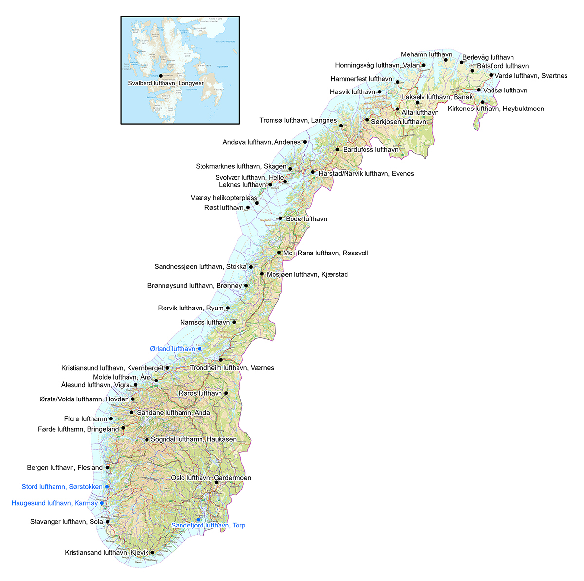 Figur 3.1 Lufthavner med flyrutetilbud i 2022