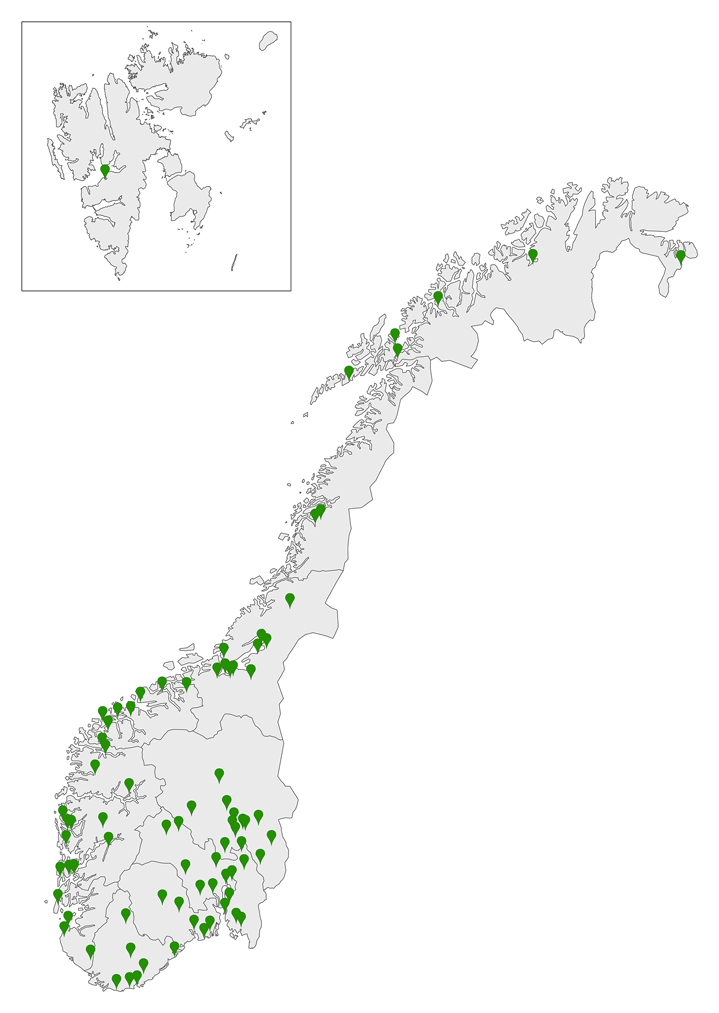 Figur 3.1 Kart over folkehøgskoler i Norge.