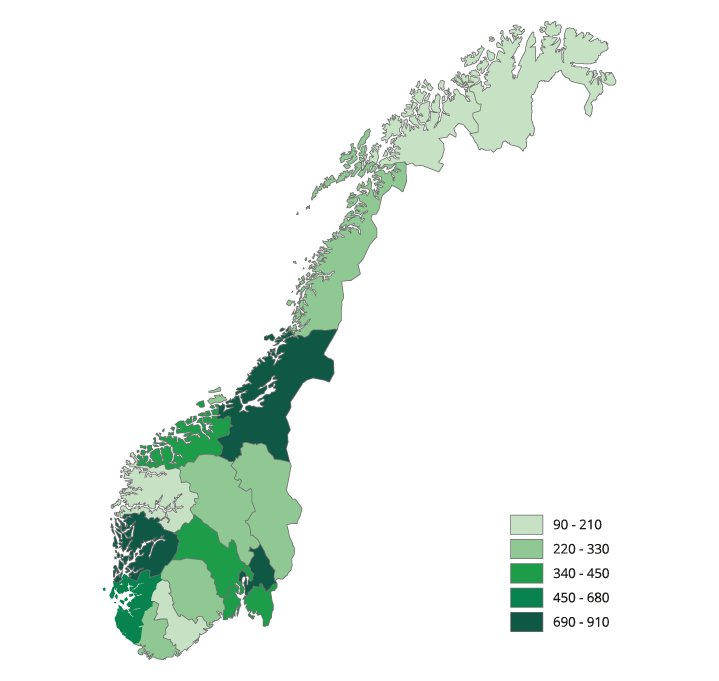 Figur 4.11 Folkehøgskoleelever på lange kurs etter bostedsfylke. Skoleåret 2018–2019.