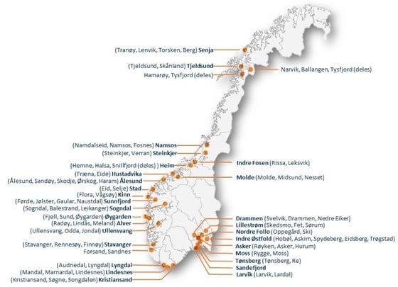 Kart som viser navn og geografisk plassering på de 32 nye kommunene som deltar i prosjektet
