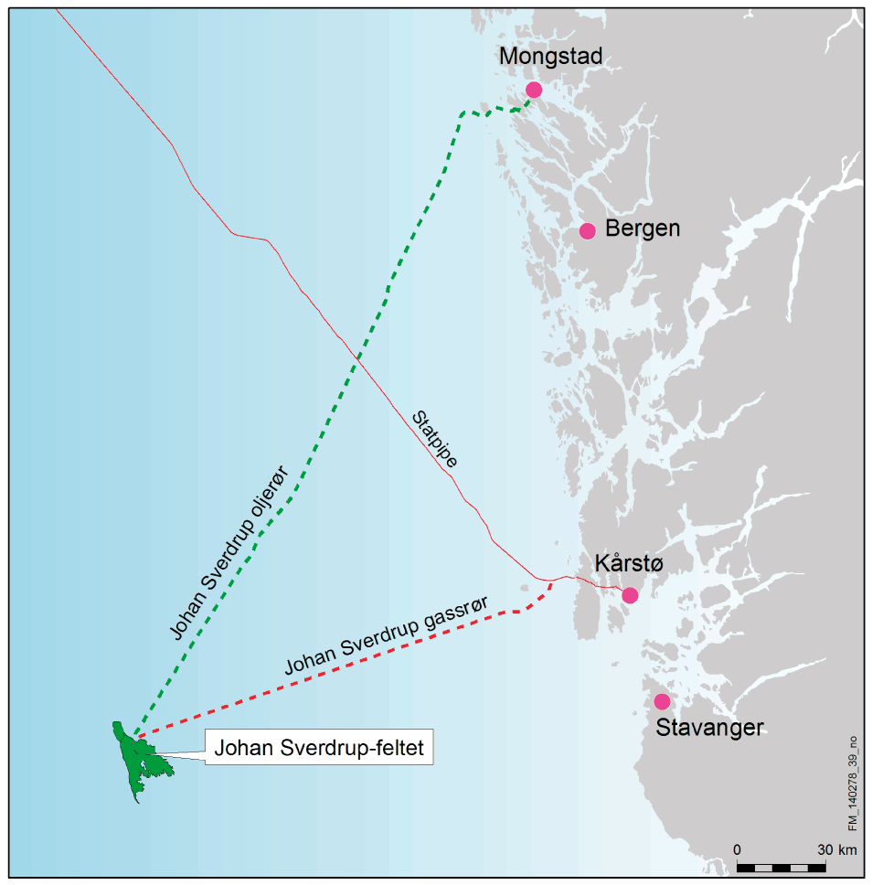 Figur 5.1 Geografisk plassering av Sverdrup-feltet og eksportrørledninger for olje og gass
