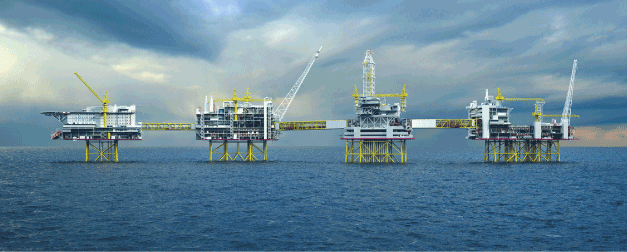 Figur 5.2 Feltsenteret for Johan Sverdrup-feltet. Fra venstre til høyre: Boligplattform, prosessplattform, boreplattform og stigerørsplattform