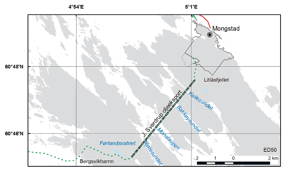 Figur 7.1 Eksportrørledningen for olje vil strekke seg over enkelte landområder til Mongstad. Grønn stiplet linje er rørledningen. Dobbel svart stiplet linje indikerer tunnel
