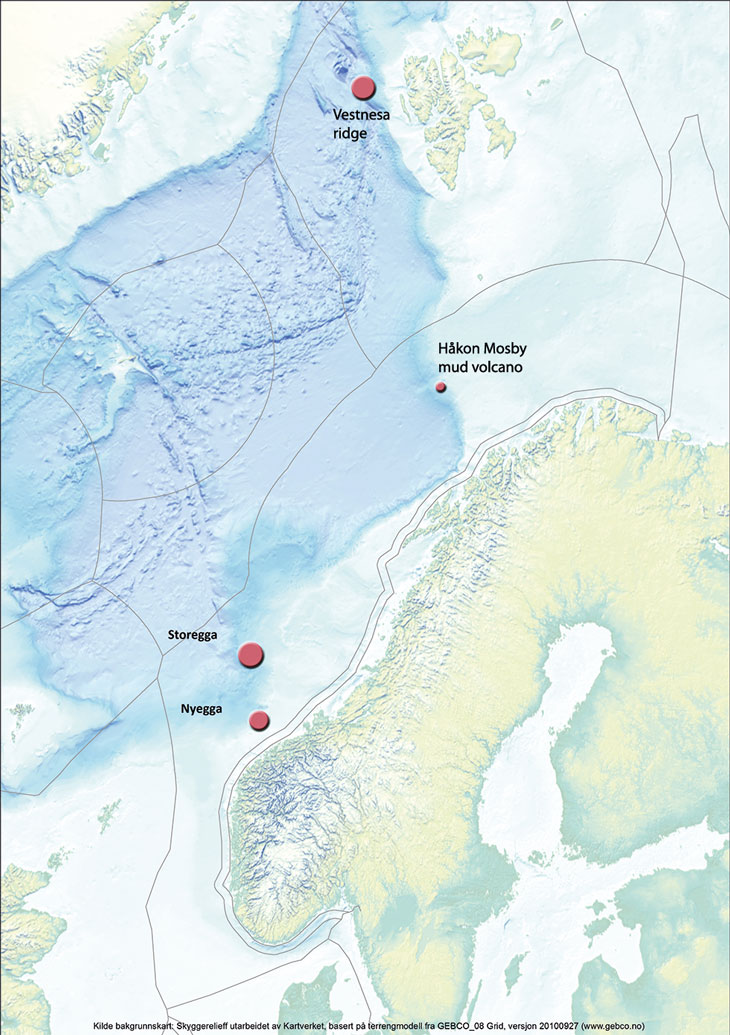 Figure 3.11 Methane hydrate deposits reported in Norwegian waters.