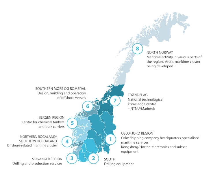 Figure 5.3 Maritime regions and maritime clusters in Norway.