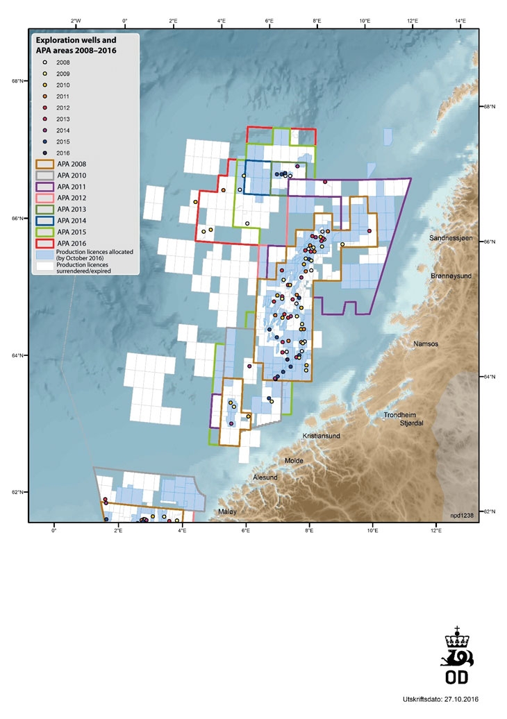 Figure 5.5 Exploration wells and awards in predefined areas (APA) in the Norwegian Sea.