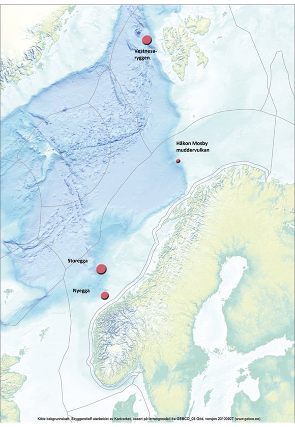 Figur 3.11 Forekomster av metanhydrater i norske farvann.
