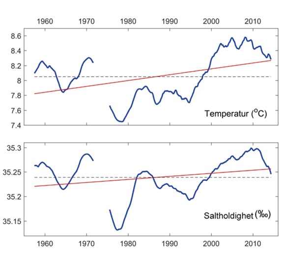 Figur 3.2 Utviklingen i temperatur og saltholdighet i det sørlige Norskehavet. Blå kurve viser 5-årsmiddel og rød linje indikerer langtidstrenden.
