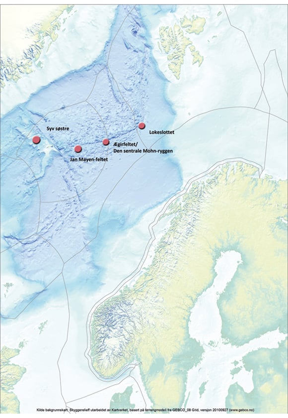 Figur 3.9 Kjente forekomster av aktive geotermiske oppkommer i Norskehavet.
