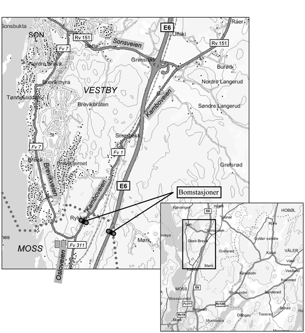 Figur 4.1 Oversiktskart. Bomstasjon på fylkesveg 311, Østfold