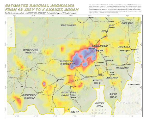 Figur 5.9 Kart som viser nedbør over gjennomsnittet under flom i Sudan i 2014, utgitt av UNOSAT. Kartet er basert på satellittdata fra samme sesong gjennom mer enn ti år (2000-2013).