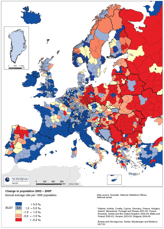 Figur 2.1 Endring i folketalet i europeiske regionar i 2002–2005