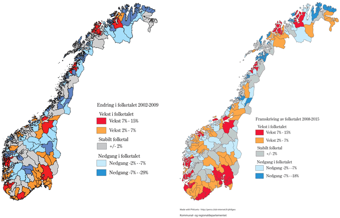 Figur 2.3 Endringar i folketalet i bu- og arbeidsmarknadsregionar (BA-regionar) 2002–2009 og endringar i folketalet i BA-regionar 2008–2015 etter mellomalternativet til SSB for framskrivingar frå 2008. For inndeling i BA-regionar sjå NIBR-rapport 2002: 20
