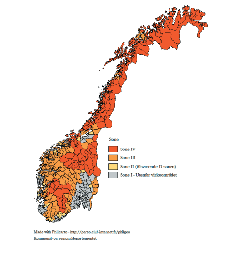 Figur 2.1 Virkeområdet for dei distriktspolitiske verkemidlane frå 2007