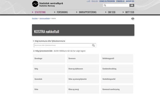 Skjermdump av SSBs nettside med KOSTRA-tall